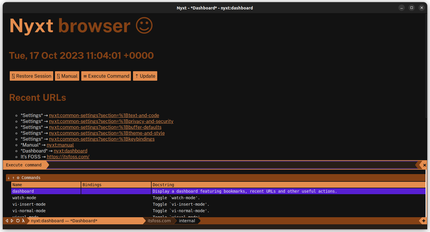 Nyxt browser dashboard, with details like recent URLs, recent bookmarks, etc.