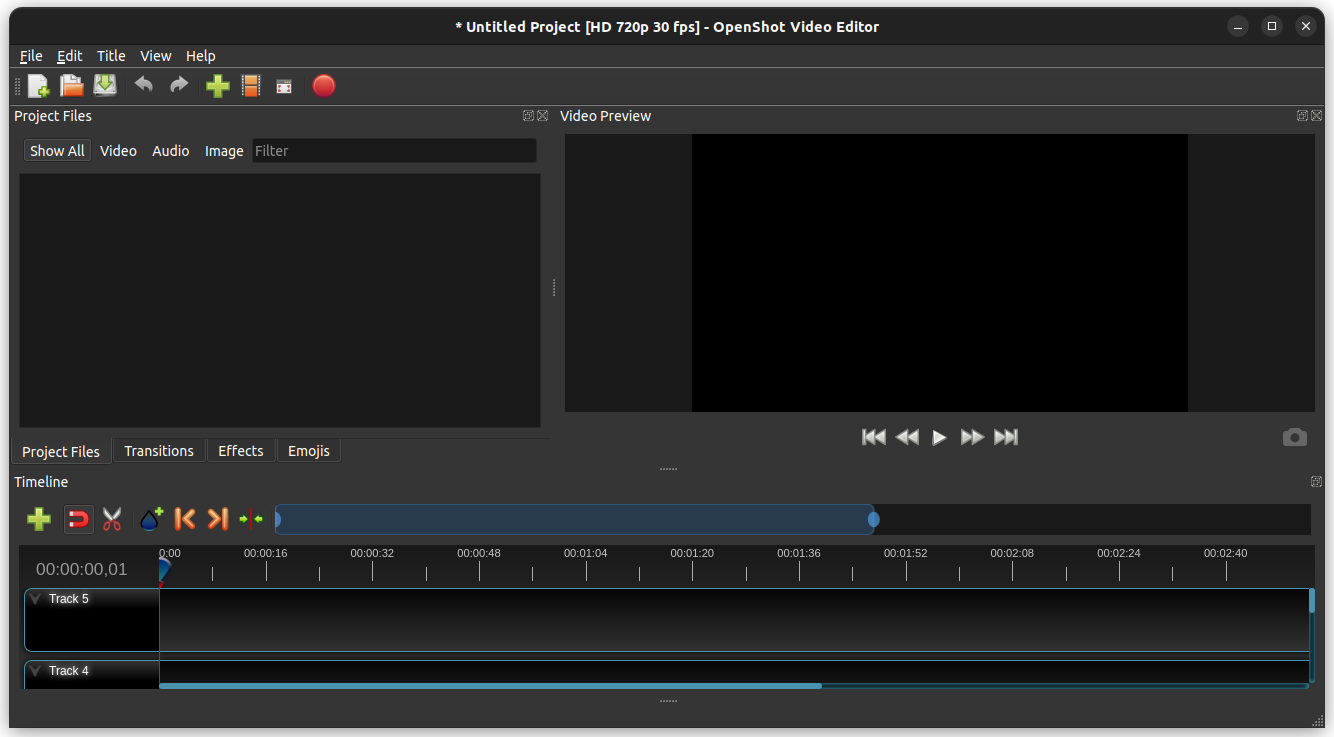 OpenShot Video Editor Start Screen