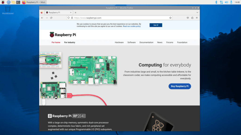 a screenshot of raspberry pi os running the raspberry pi-optimized firefox