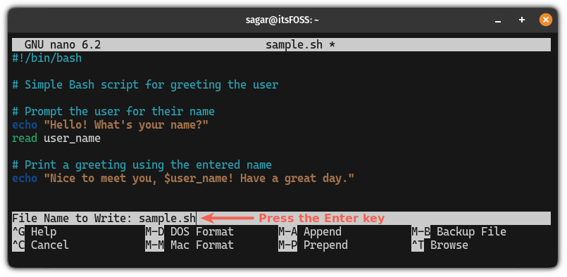 Save changes in the nano text editor