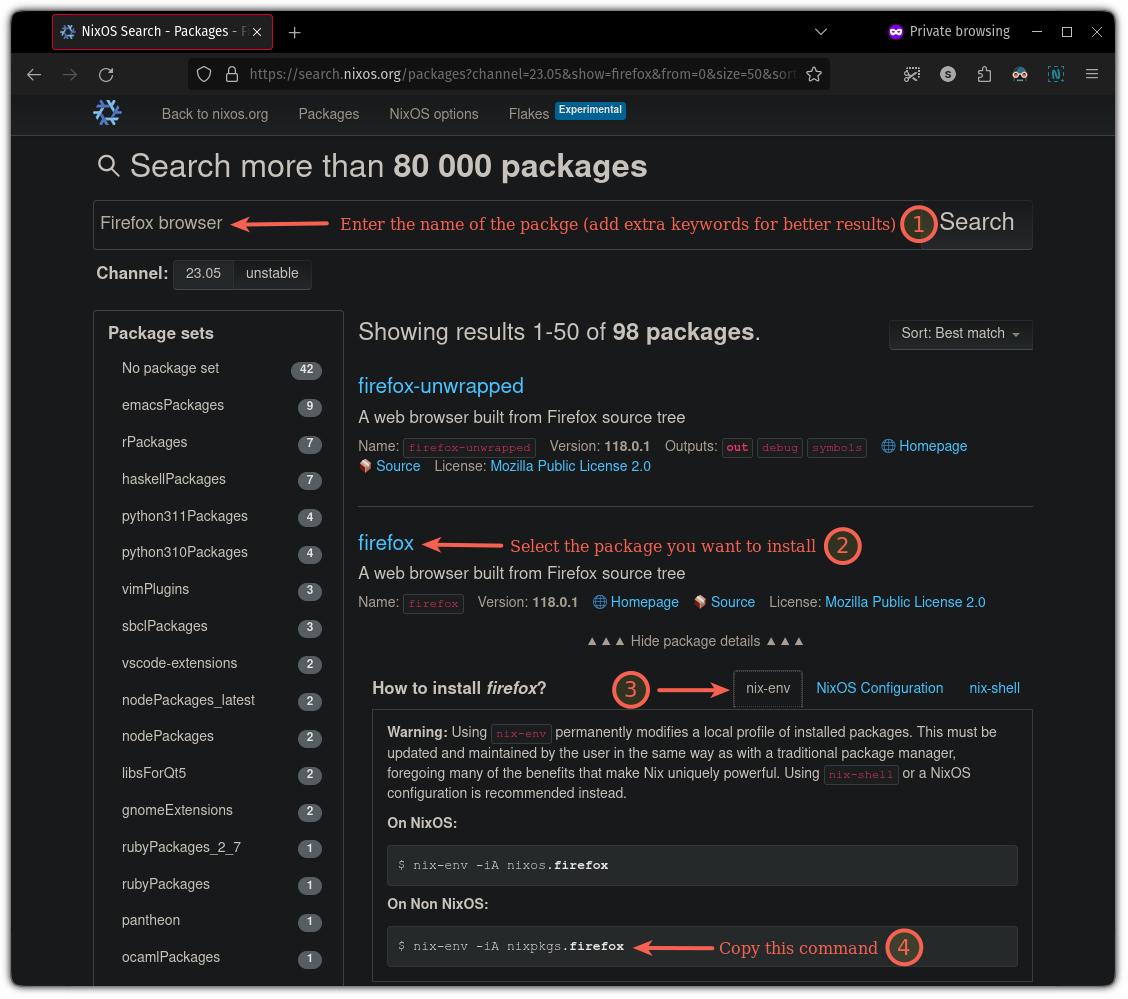 Search packages to install using the Nix package manager