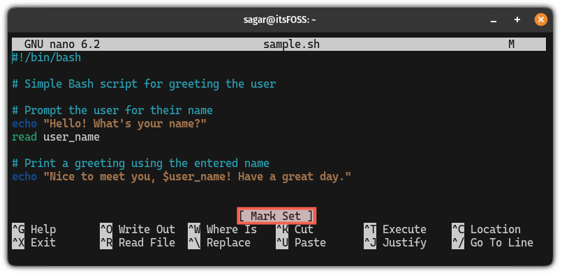 Set mark in the nano text editor