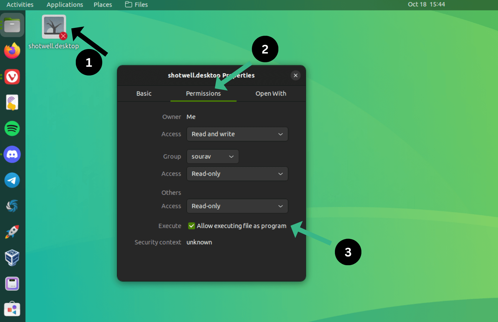 a screenshot showing how to allow executing file as program on ubuntu