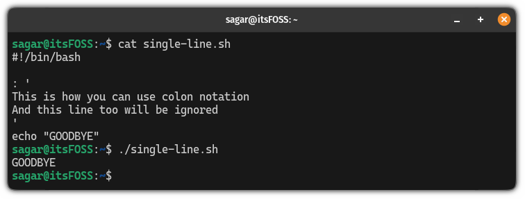 Use multi line comments using colon notation in bash