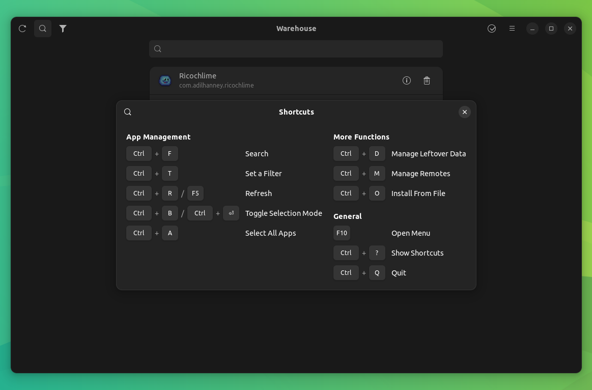 a screenshot of warehouse keyboard shortcuts