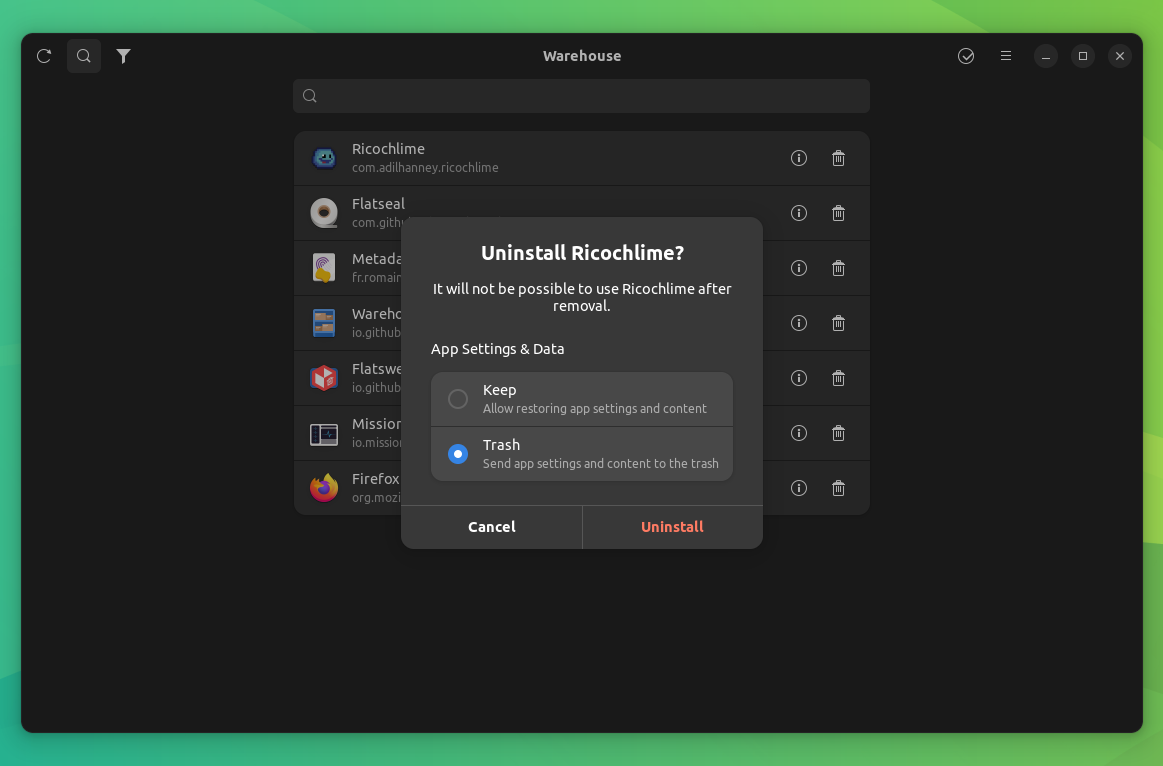 a screenshot of warehouse uninstalling a flatpak app