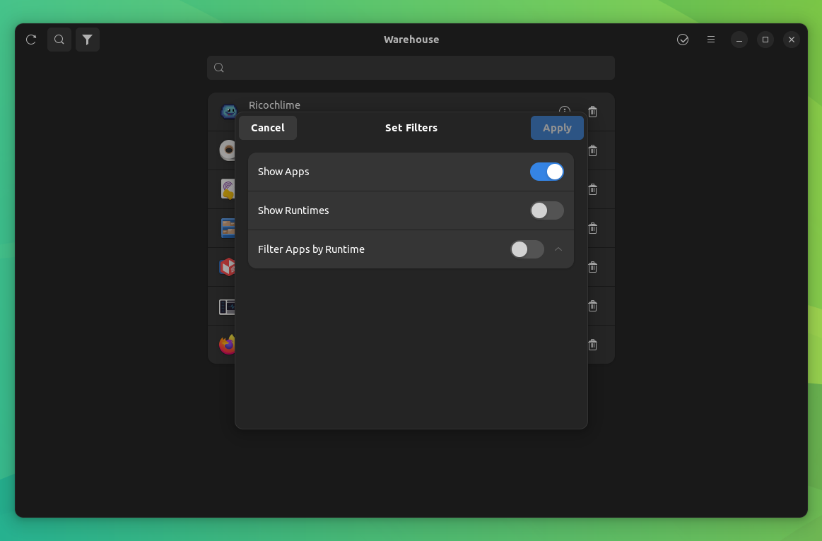 a screenshot of warehouse filter apps functionality