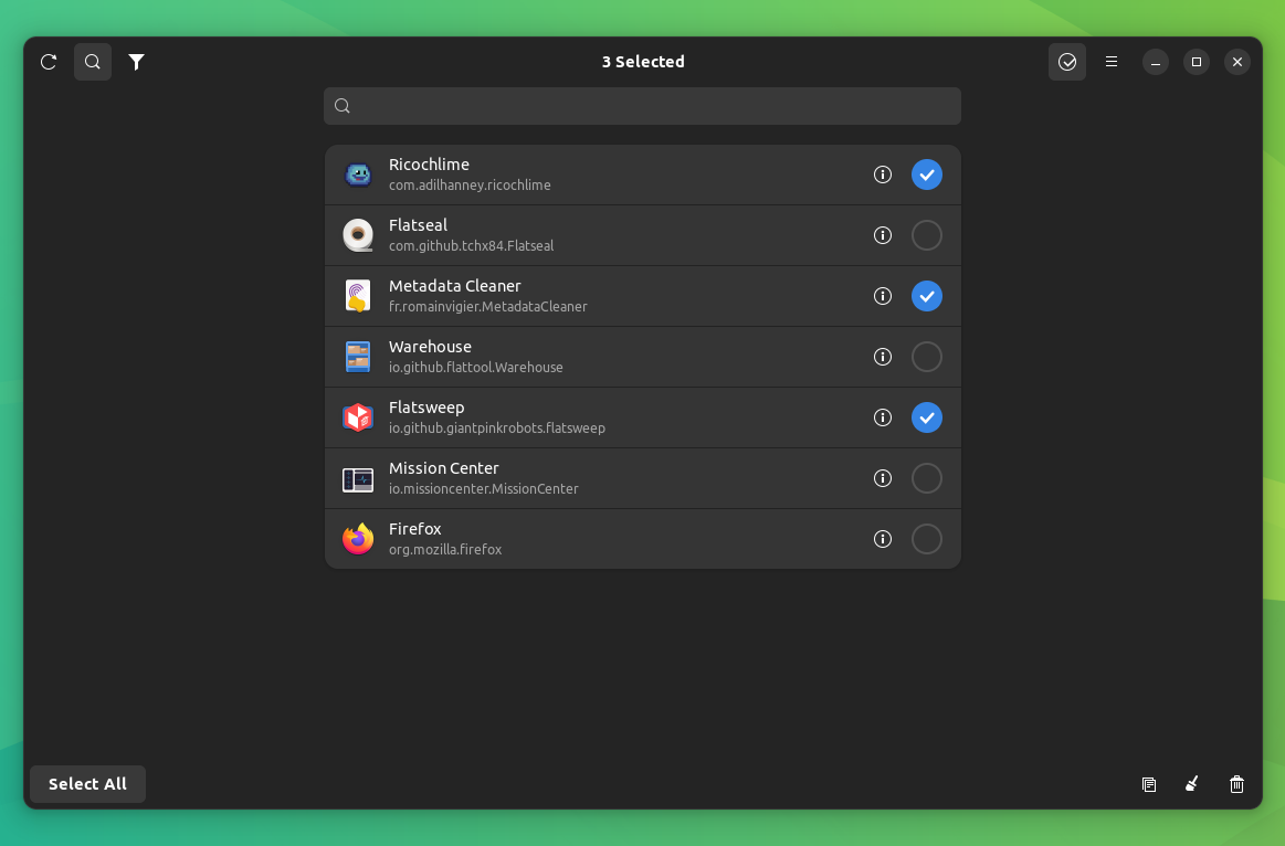 a screenshot of warehouse batch selection of flatpak apps functionality