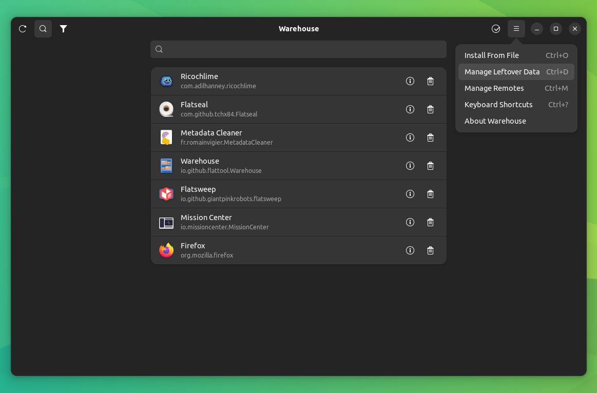 a screenshot of warehouse hamburger menu