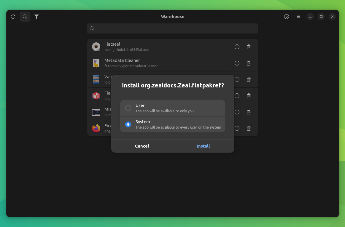 a screenshot of warehouse installing a flatpak app
