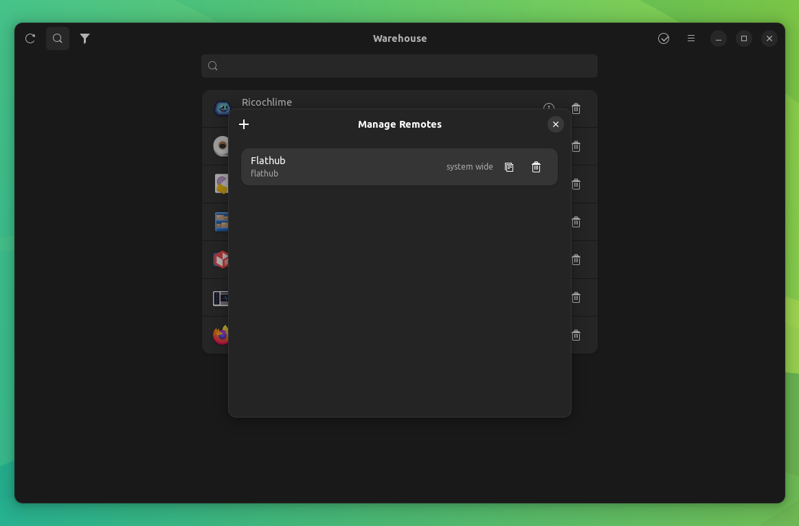 a screenshot of warehouse manage flatpak remotes feature