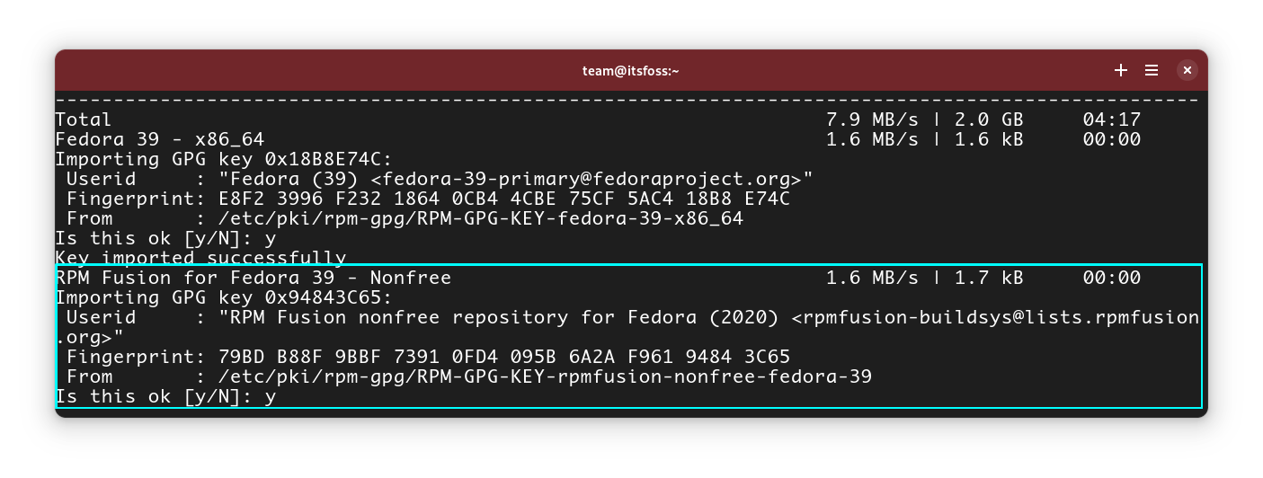 Accept the RPM Fusion GPG key, if you have RPM fusion enabled and packages installed