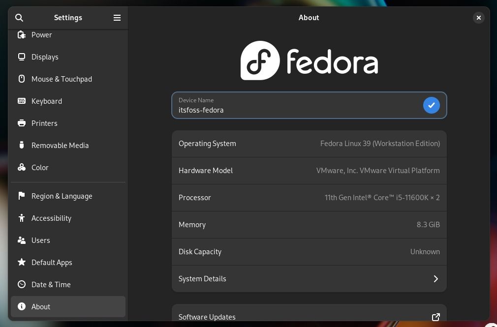 fedora about section that allows changing hostname