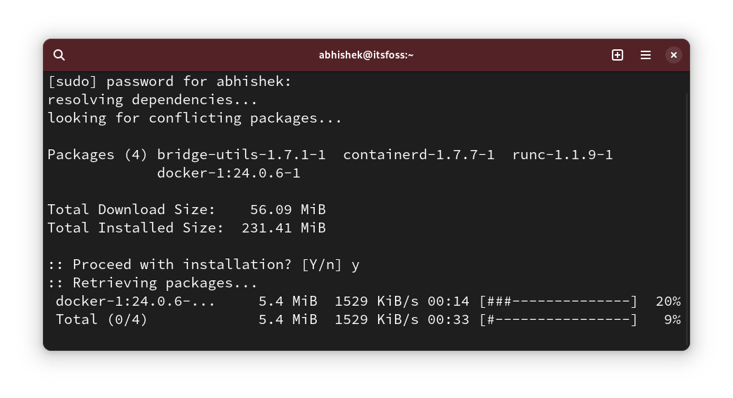 Installing Docker package on Arch Linux