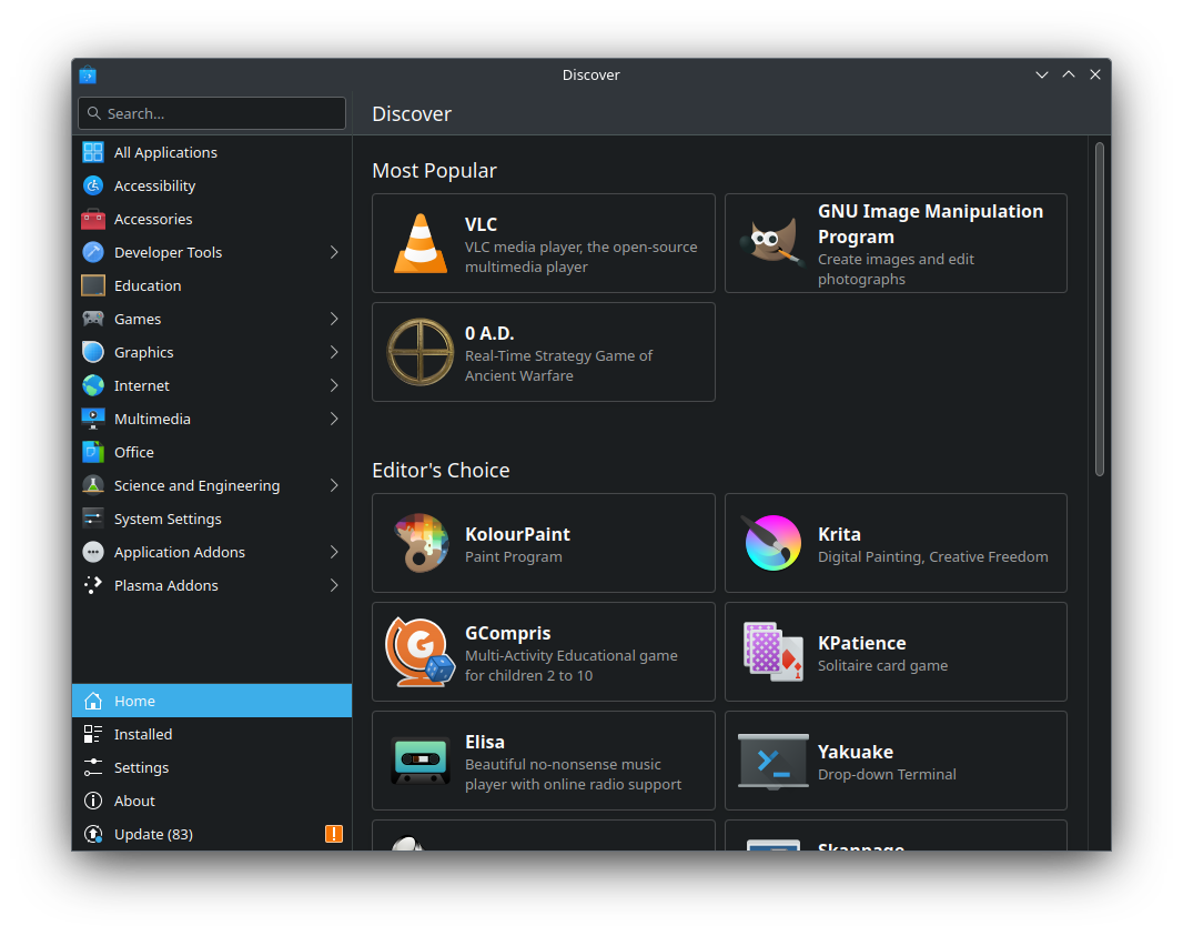 capture d'écran de KDE Plasma Discover 