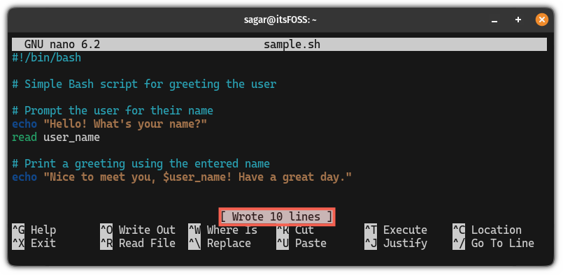 nano text editor showing number of the lines stored inside of file