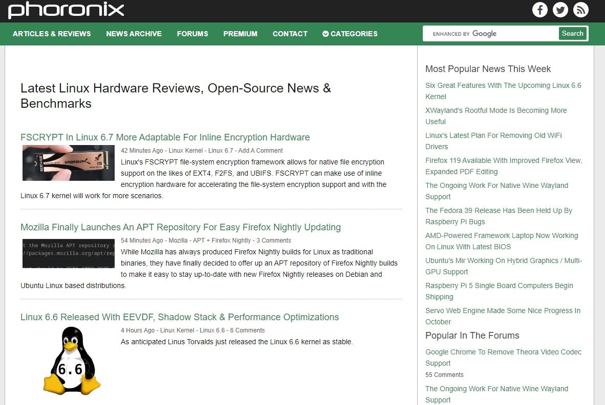 phoronix website screenshot
