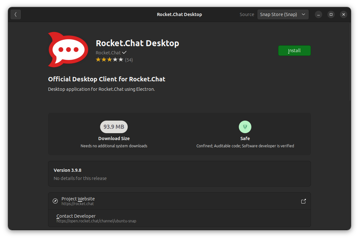 Informations sur l'application Rocket Chat dans le centre logiciel Ubuntu
