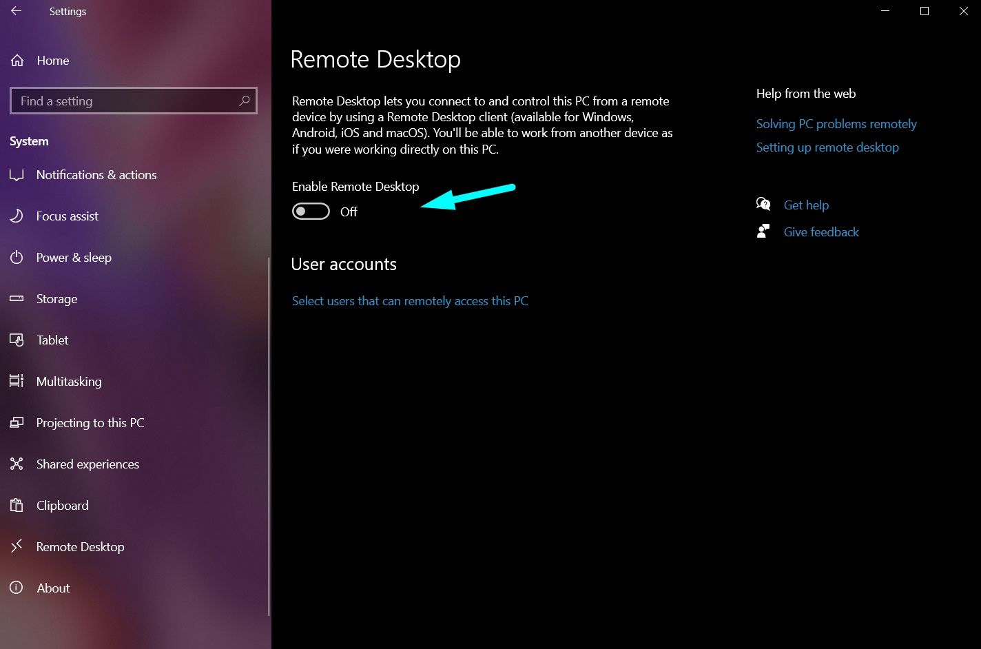 remote desktop option on windows 10