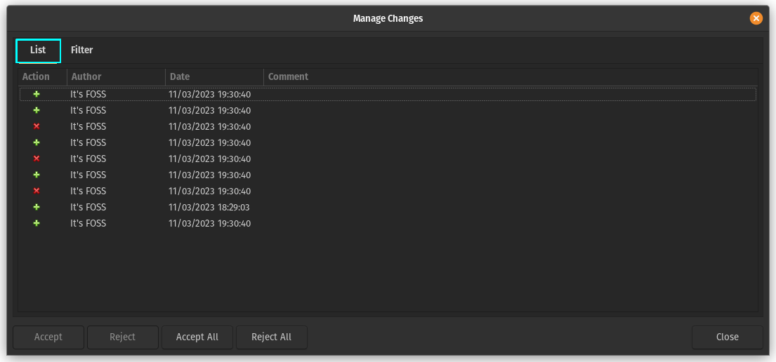 Only changes made by author It's FOSS is listed