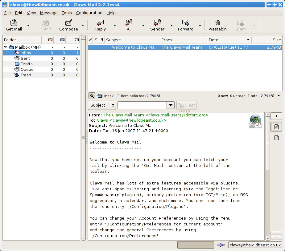 a screenshot of claws mail