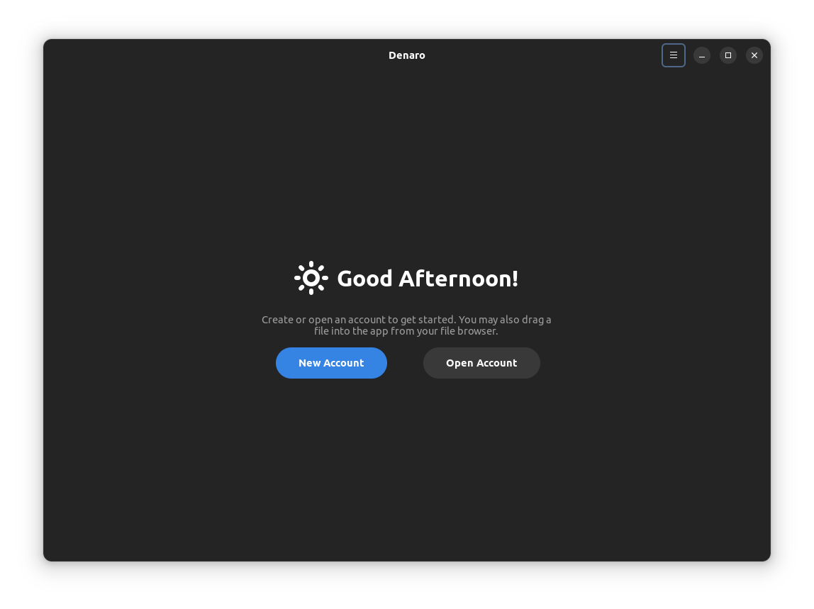 a screenshot of denaro main welcome screen