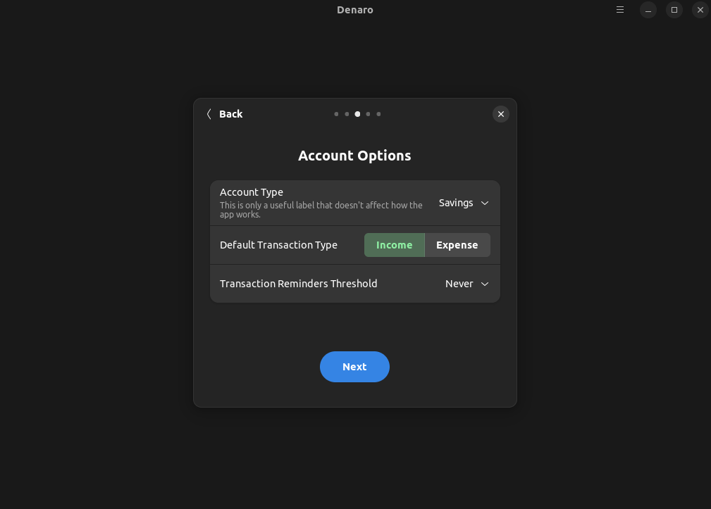 a screenshot of denaro account setup wizard