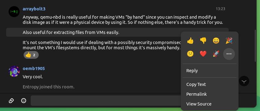 a screenshot of fractal 5 message reply and reactions pop up