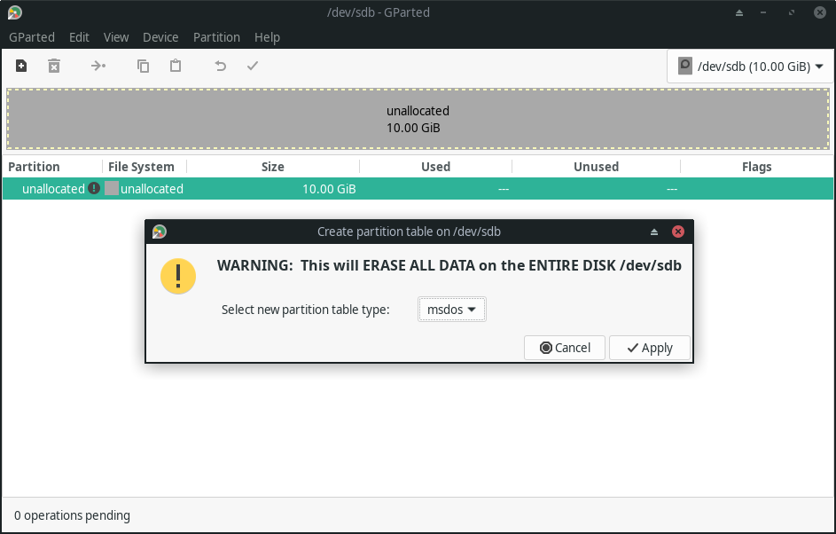 a screenshot of gparted create partion table feature