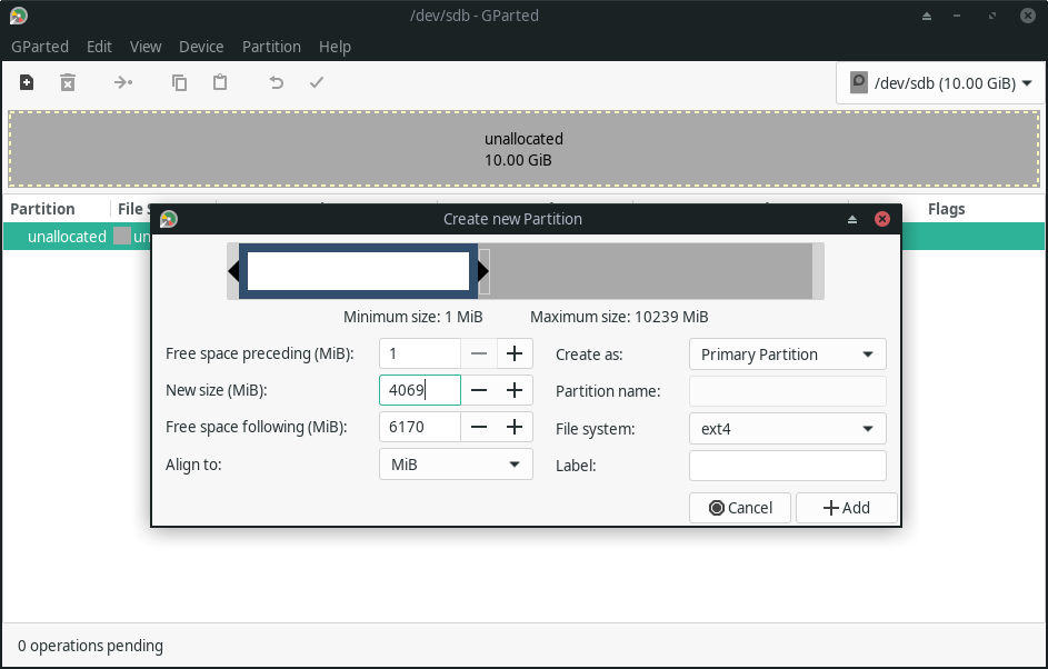 a screenshot of gparted create new partition feature