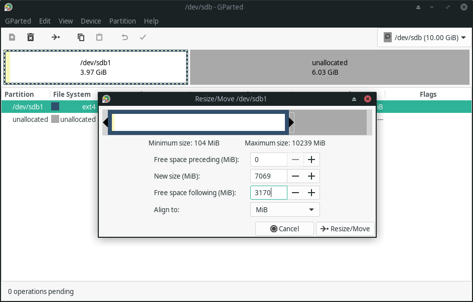 a screenshot of gparted resize move partition feature