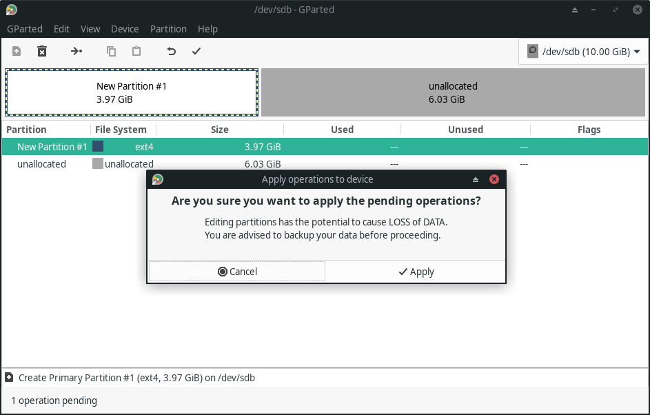 a screenshot of gparted apply operations to device confirmation window