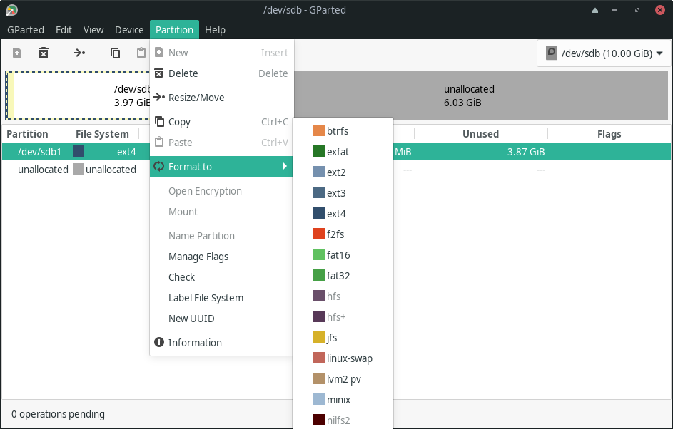 a screenshot of gparted format options for partitions