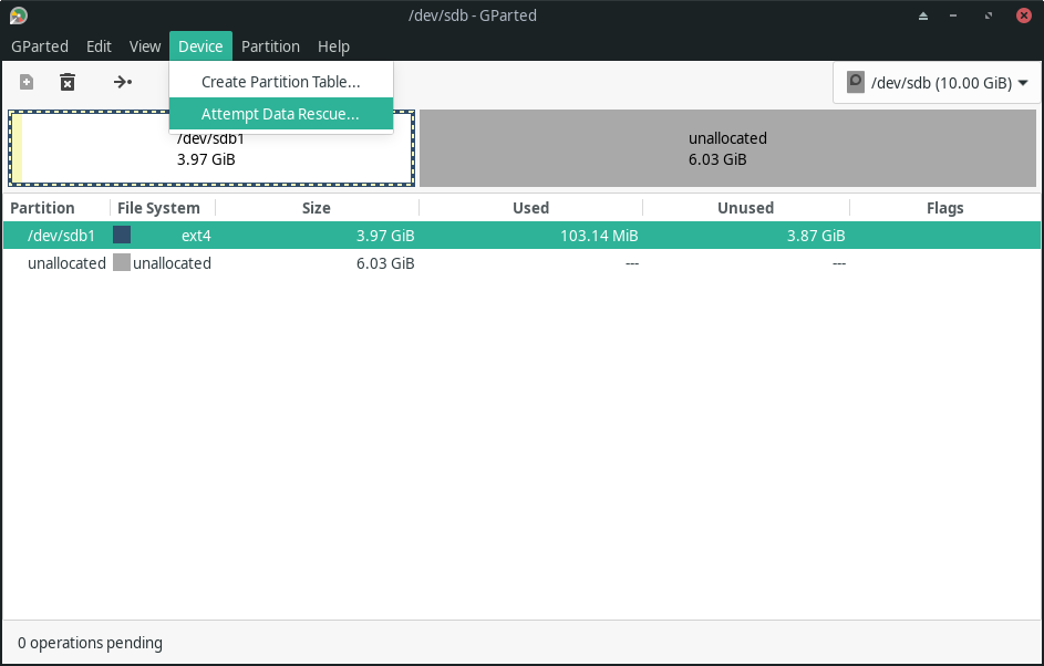 a screenshot of gparted attempt data rescue feature