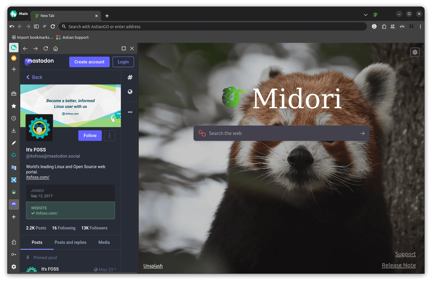 a screenshot of midori sidebar menu running a webapp