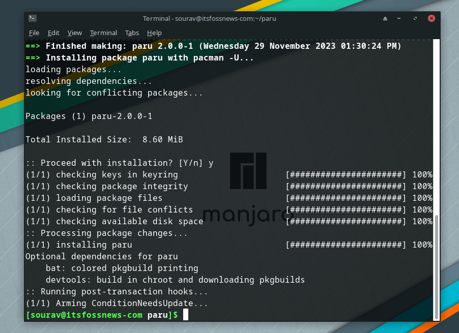 a screenshot of paru 2.0 being installed