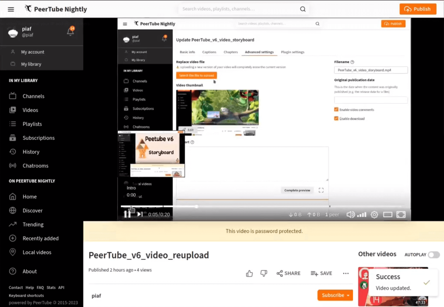 a screenshot of peertube v6 video chapters support