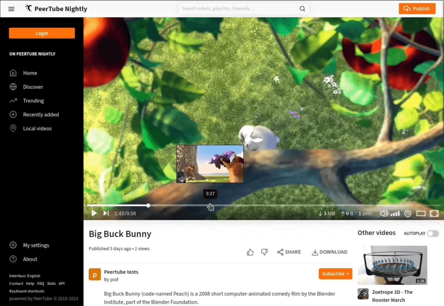 a screenshot of peertube v6 video storyboard support