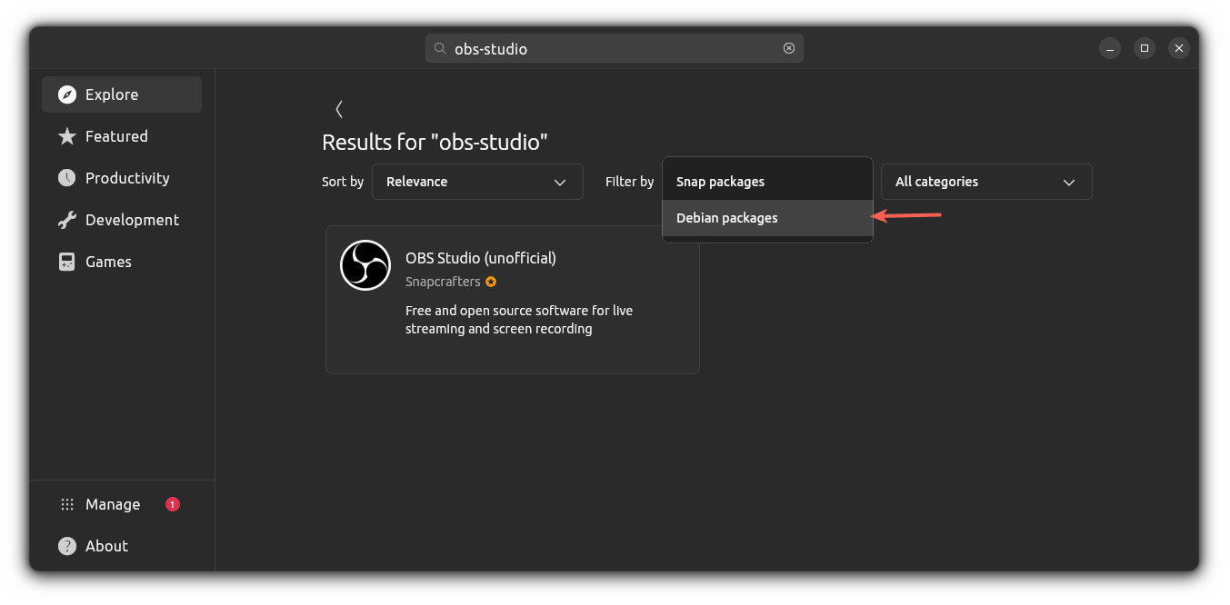search for obs studio from ubuntu app center