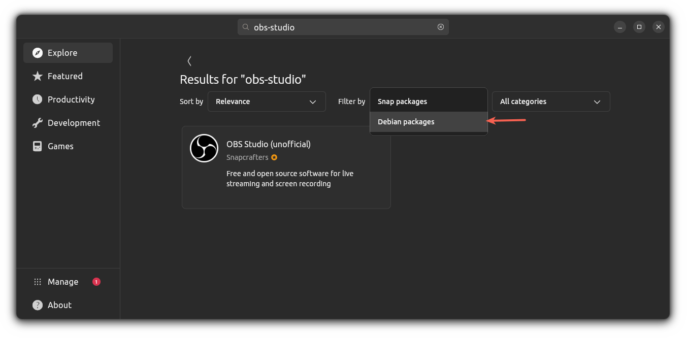 search for obs studio from ubuntu app center