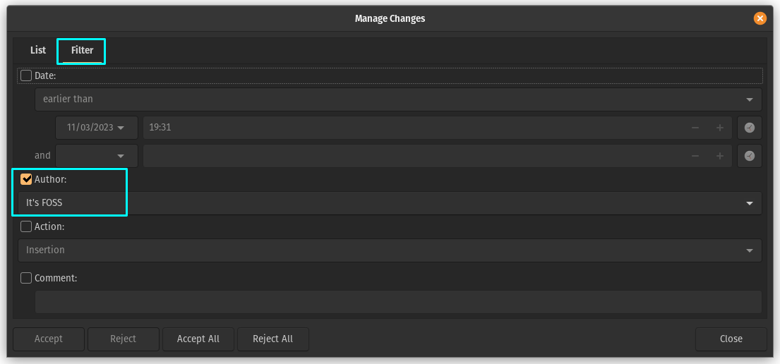 Filters Tab in Manage Changes Dialog Box