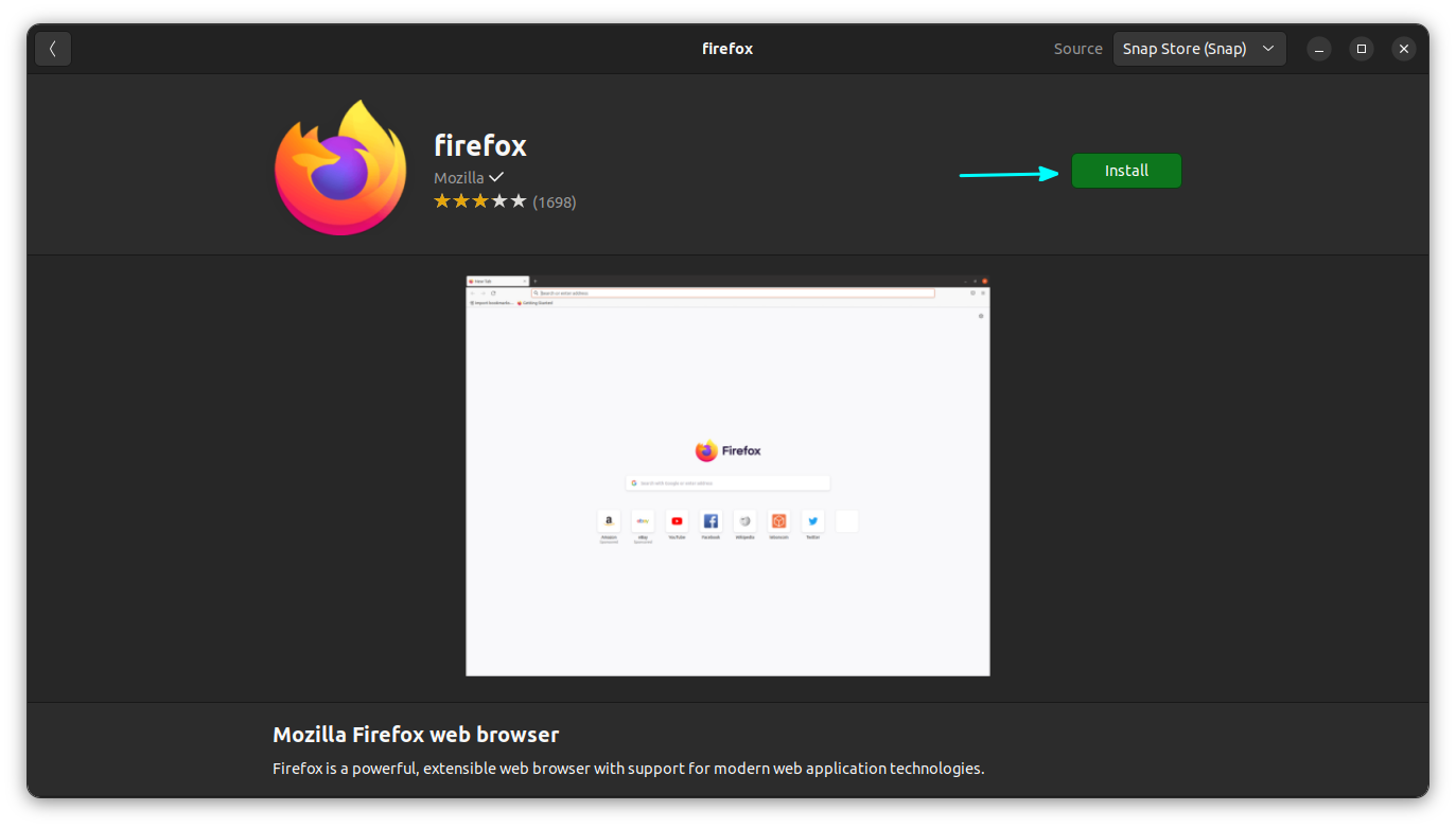 Install Firefox by clicking on the Install button corresponding to Firefox in Software Center