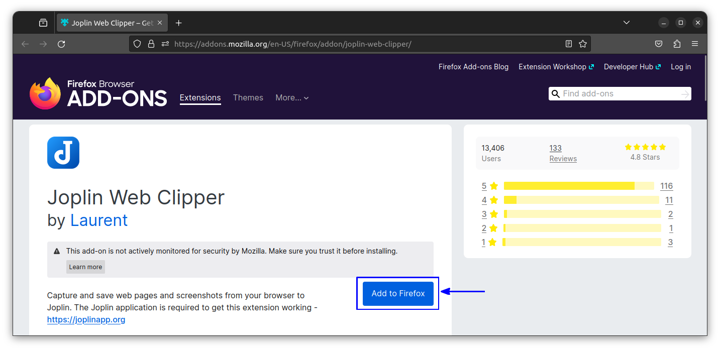 Install Joplin web clipper add-on in Firefox