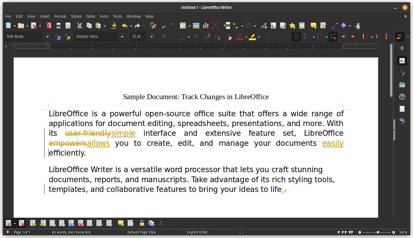 Changes are recorded in LibreOffice with Annotated Words