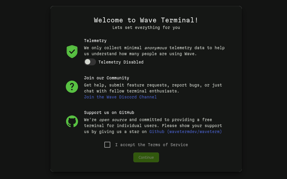 Wave terminal first run pop up