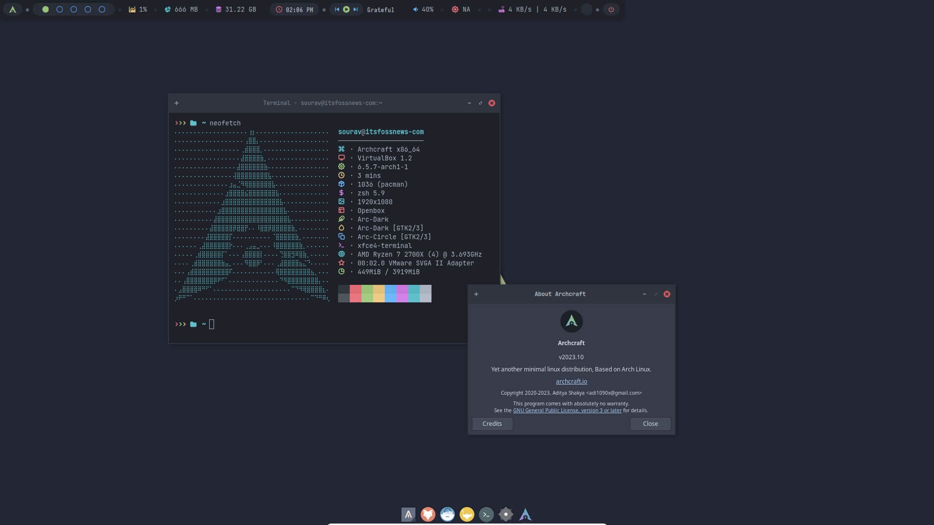 a screenshot of archcraft neofetch output and about info
