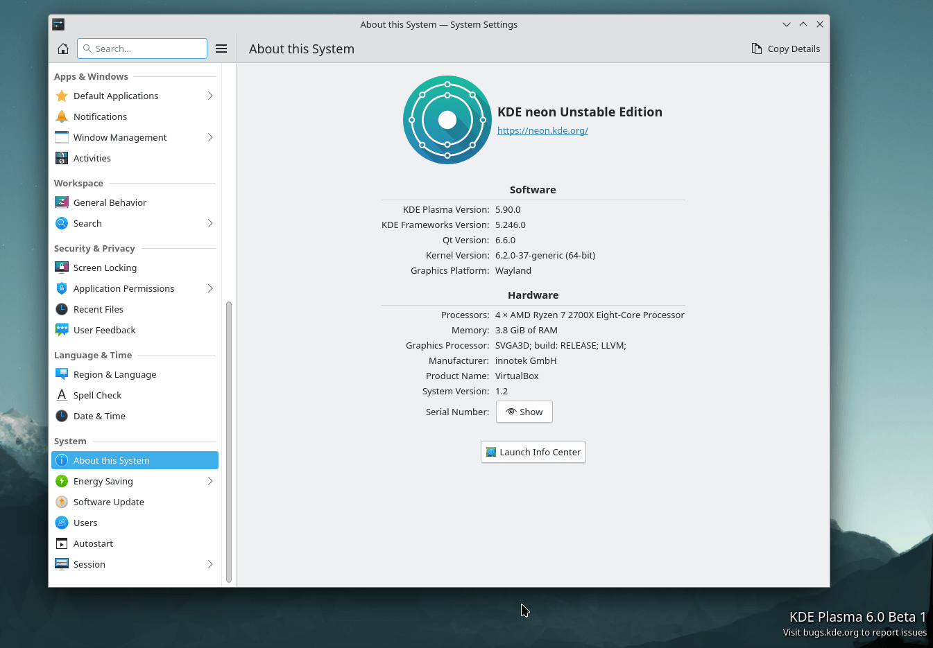 a screenshot of kde plasma 6 beta 1 about system info