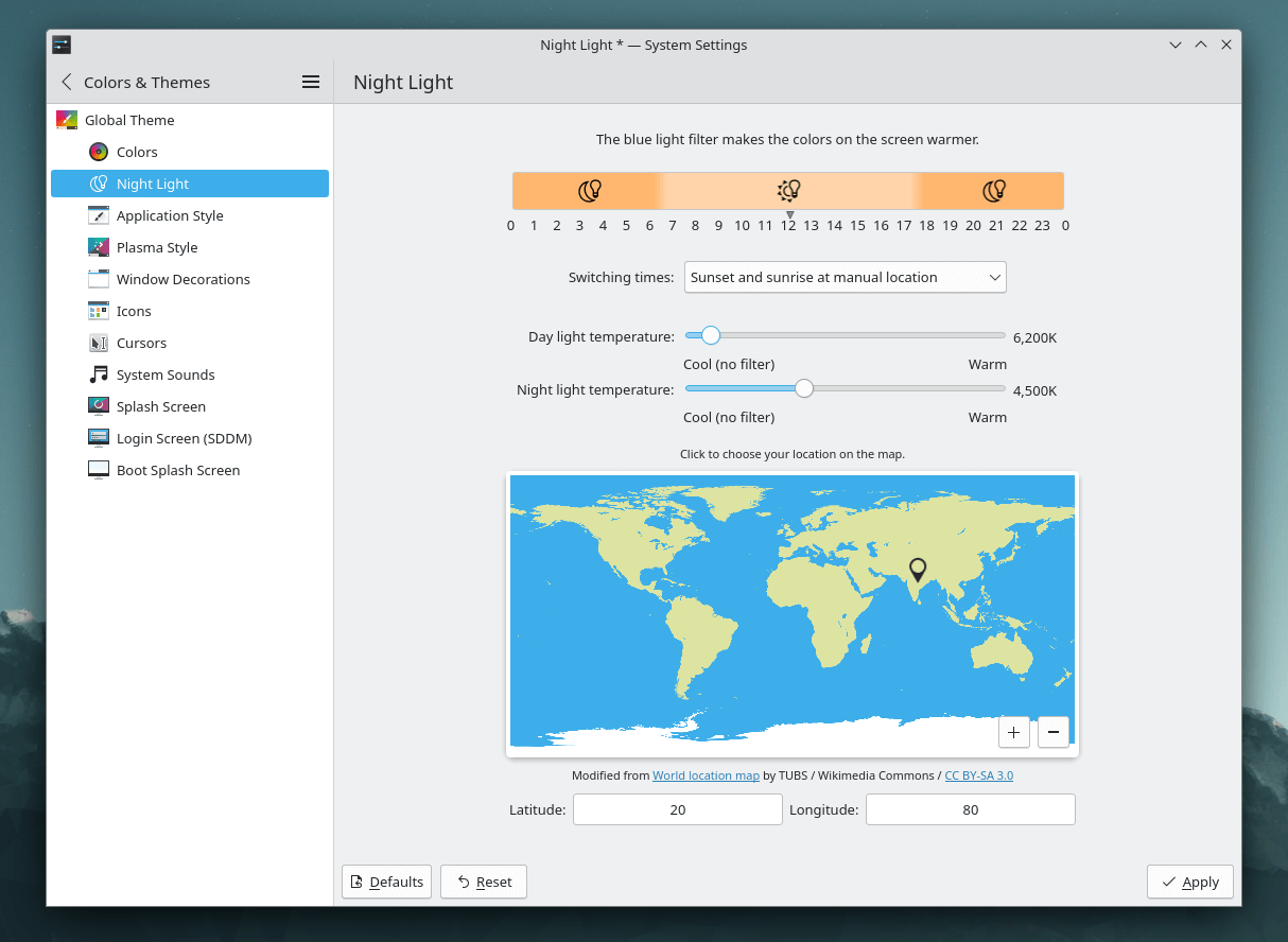 a screenshot of kde plasma 6 night light settings menu