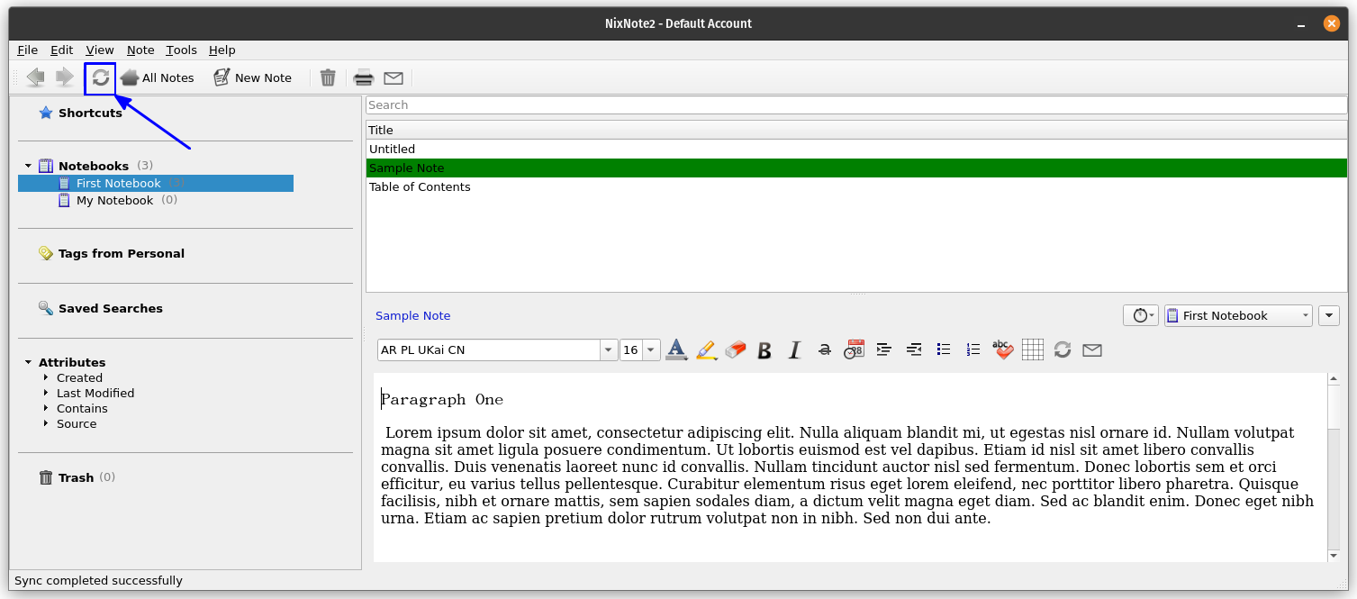 NixNote2 Sync button in toolbar
