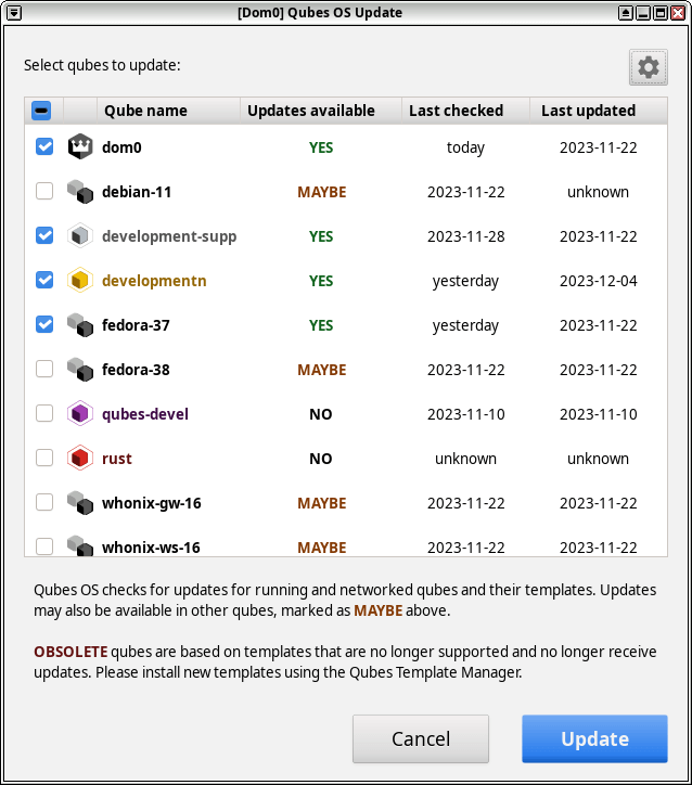a screenshot of qubes os 4.2 updated qube os update app